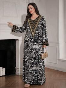 SHEIN Najma Plus Size Women's Leopard Print Arabian Dress Black Summer African Modest - Multicolor - View 7