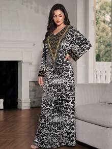 SHEIN Najma Plus Size Women's Leopard Print Arabian Dress Black Summer African Modest - Multicolor - View 3