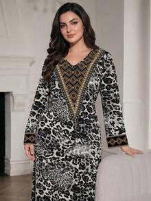 SHEIN Najma Plus Size Women's Leopard Print Arabian Dress Black Summer African Modest - Multicolor - View 5