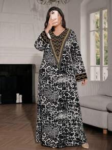 SHEIN Najma Plus Size Women's Leopard Print Arabian Dress Black Summer African Modest - Multicolor - View 4