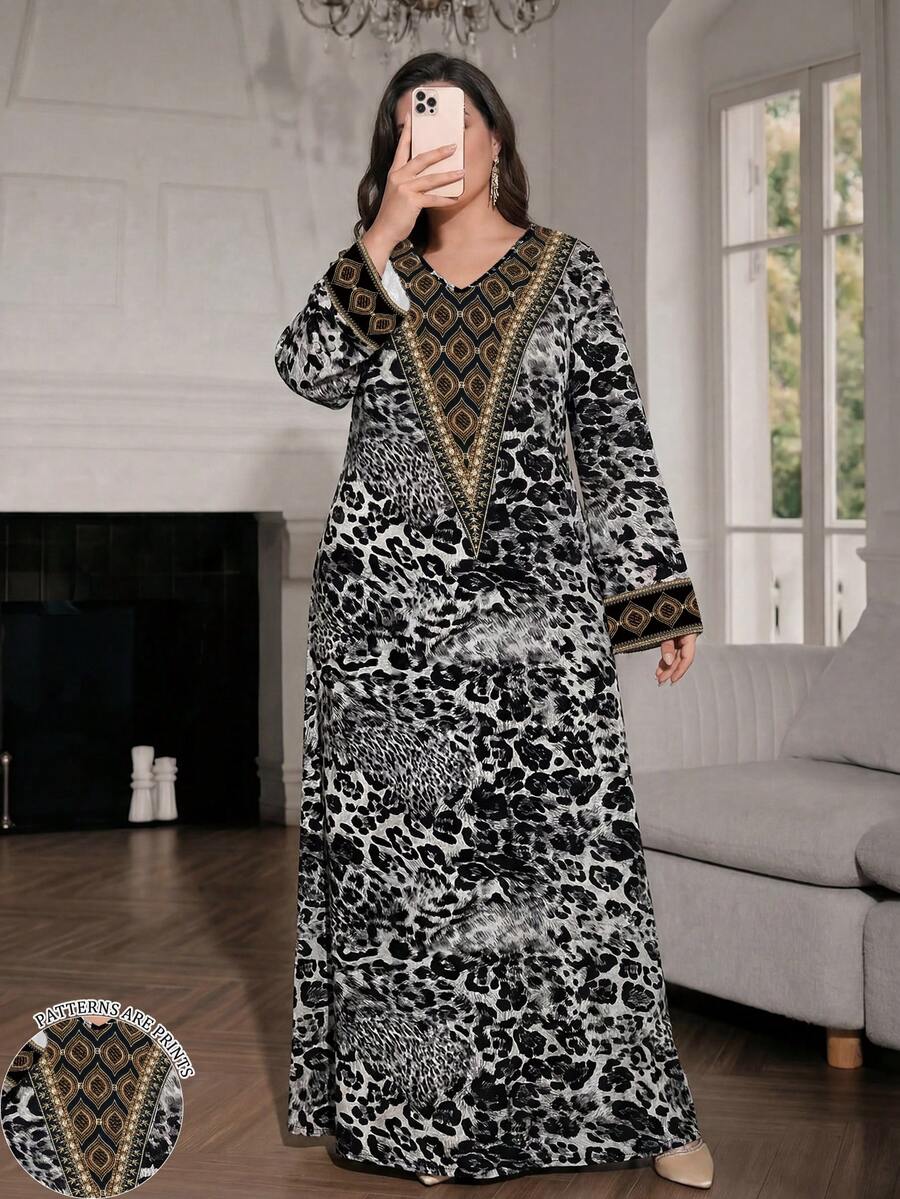SHEIN Najma Plus Size Women's Leopard Print Arabian Dress Black Summer African Modest - Multicolor - View 1