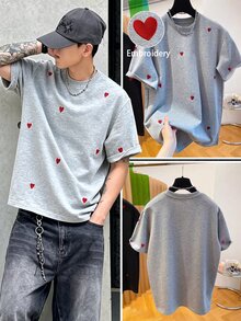 Resyla Men 男士圓領愛心刺繡T恤－圓領休閒街頭風上衣－輕量夏季度假適用灰色 - 彩色 - 查看 3
