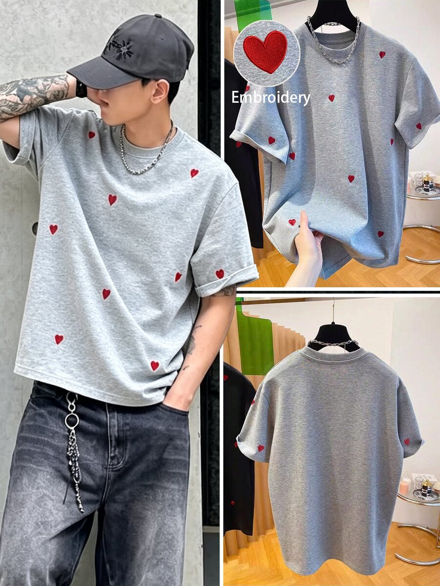 Manfinity Dauomo 男士圓領愛心刺繡T恤－圓領休閒街頭風上衣－輕量夏季度假適用灰色 - 彩色 - 查看 1