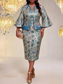 Fleurora Plus Size Elegant Business Casual Formal Evening Wedding Jacquard Bell Sleeve Blouse And Dress Two Pieces Set Royal Blue Autumn Fall - Blue - View 5