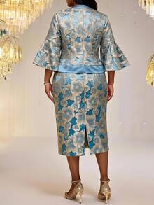 Fleurora Plus Size Elegant Business Casual Formal Evening Wedding Jacquard Bell Sleeve Blouse And Dress Two Pieces Set Royal Blue Autumn Fall - Blue - View 2
