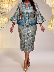 Fleurora Plus Size Elegant Business Casual Formal Evening Wedding Jacquard Bell Sleeve Blouse And Dress Two Pieces Set Royal Blue Autumn Fall - Blue - View 6