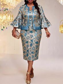 Fleurora Plus Size Elegant Business Casual Formal Evening Wedding Jacquard Bell Sleeve Blouse And Dress Two Pieces Set Royal Blue Autumn Fall - Blue - View 3