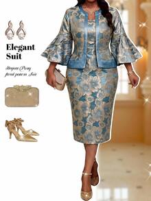 Fleurora Plus Size Elegant Business Casual Formal Evening Wedding Jacquard Bell Sleeve Blouse And Dress Two Pieces Set Royal Blue Autumn Fall - Blue - View 1