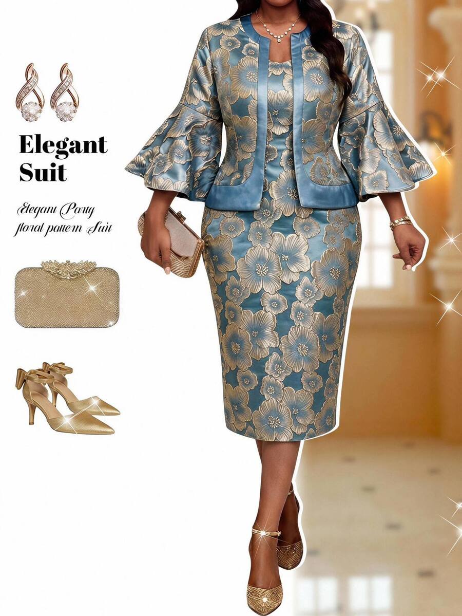 Fleurora Plus Size Elegant Business Casual Formal Evening Wedding Jacquard Bell Sleeve Blouse And Dress Two Pieces Set Royal Blue Autumn Fall - Blue - View 1