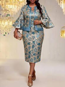 Fleurora Plus Size Elegant Business Casual Formal Evening Wedding Jacquard Bell Sleeve Blouse And Dress Two Pieces Set Royal Blue Autumn Fall - Blue - View 4
