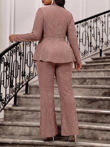 Fleurora Plus Size Women's Overlap V-Neck Long Sleeve Ruffle Hem Top And Pants Elegant Sexy Two Pieces Set Autumn Formal Rose Gold Fall Wedding Party - Brown - View 2