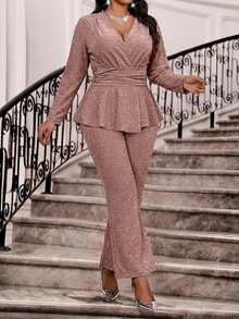 Fleurora Plus Size Women's Overlap V-Neck Long Sleeve Ruffle Hem Top And Pants Elegant Sexy Two Pieces Set Autumn Formal Rose Gold Fall Wedding Party - Brown - View 6