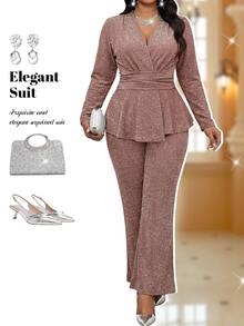 Fleurora Plus Size Women's Overlap V-Neck Long Sleeve Ruffle Hem Top And Pants Elegant Sexy Two Pieces Set Autumn Formal Rose Gold Fall Wedding Party - Brown - View 1
