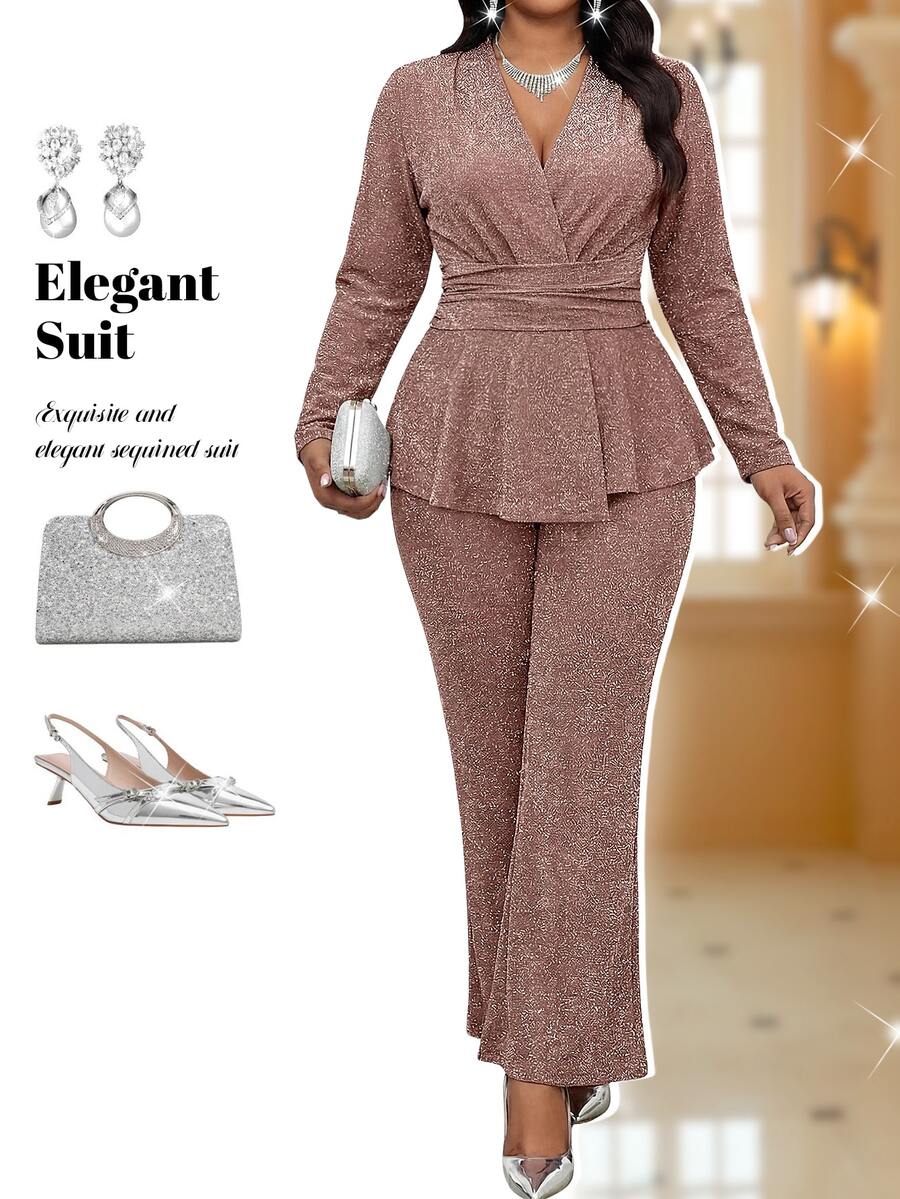 Fleurora Plus Size Women's Overlap V-Neck Long Sleeve Ruffle Hem Top And Pants Elegant Sexy Two Pieces Set Autumn Formal Rose Gold Fall Wedding Party - Brown - View 1