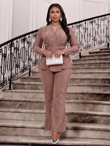 Fleurora Plus Size Women's Overlap V-Neck Long Sleeve Ruffle Hem Top And Pants Elegant Sexy Two Pieces Set Autumn Formal Rose Gold Fall Wedding Party - Brown - View 5