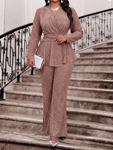 Fleurora Plus Size Women's Overlap V-Neck Long Sleeve Ruffle Hem Top And Pants Elegant Sexy Two Pieces Set Autumn Formal Rose Gold Fall Wedding Party - Brown - View 3