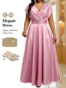 Fleurora Plus Size Women's Elegant Formal Elegant Metal Buckle Satin Dress Dresses For Party Wedding Bride Evening Wedding Pink Wedding Guest Cocktail Summer - Pink - View 2