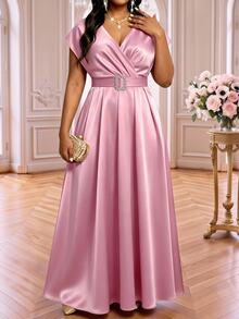 Fleurora Plus Size Women's Elegant Formal Elegant Metal Buckle Satin Dress Dresses For Party Wedding Bride Evening Wedding Pink Wedding Guest Cocktail Summer - Pink - View 4