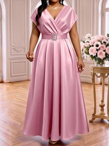 Fleurora Plus Size Women's Elegant Formal Elegant Metal Buckle Satin Dress Dresses For Party Wedding Bride Evening Wedding Pink Wedding Guest Cocktail Summer - Pink - View 8