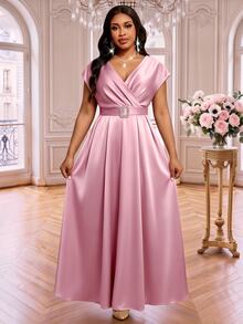 Fleurora Plus Size Women's Elegant Formal Elegant Metal Buckle Satin Dress Dresses For Party Wedding Bride Evening Wedding Pink Wedding Guest Cocktail Summer - Pink - View 7