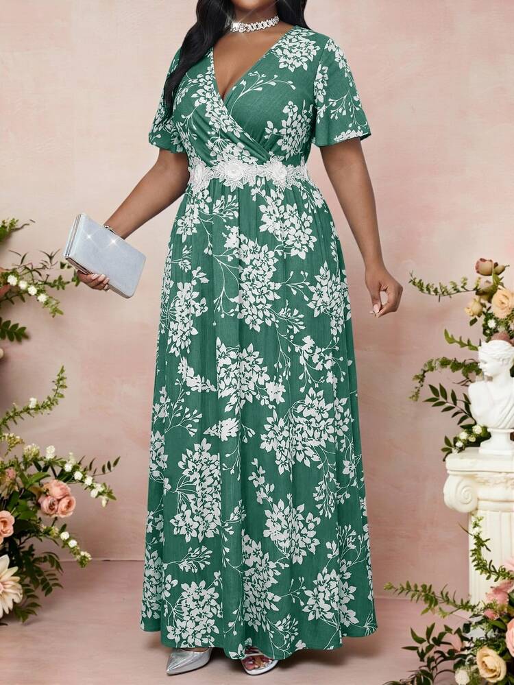 Fleurora Plus Size Women's Elegant Floral Print Surplice Neck Patchwork Cinching Waist Wedding Dress Summer Birthday Mother Of The Bride Outfits Light Green - Green - View 5