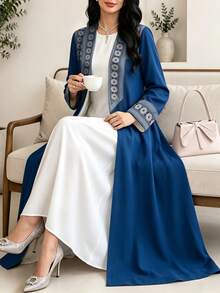 SHEIN Najma 深藍色花卉幾何印花女款優雅端莊阿拉伯長袍，夏季時尚長袖開襟長外套，阿拉伯風服飾 - 彩色 - 查看 3