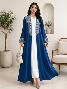 SHEIN Najma 深藍色花卉幾何印花女款優雅端莊阿拉伯長袍，夏季時尚長袖開襟長外套，阿拉伯風服飾 - 彩色 - 查看 5