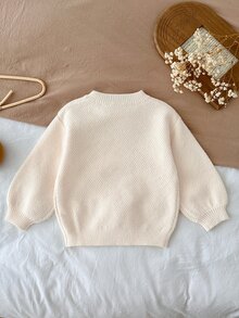 LMoss Kids 女童純色針織圓領長袖休閒毛衣，紋理提花，戶外服飾，百搭套頭衫，白色上衣，秋冬季節服飾，度假服飾 - 米色 - 查看 3