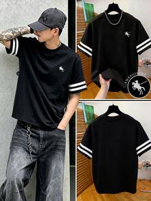 Manfinity Dauomo 男士圓領印花刺繡休閒街頭風上衣，輕量 T-Shirt，適合夏季度假，白黑條紋海灘度假風 - 白色 - 查看 1