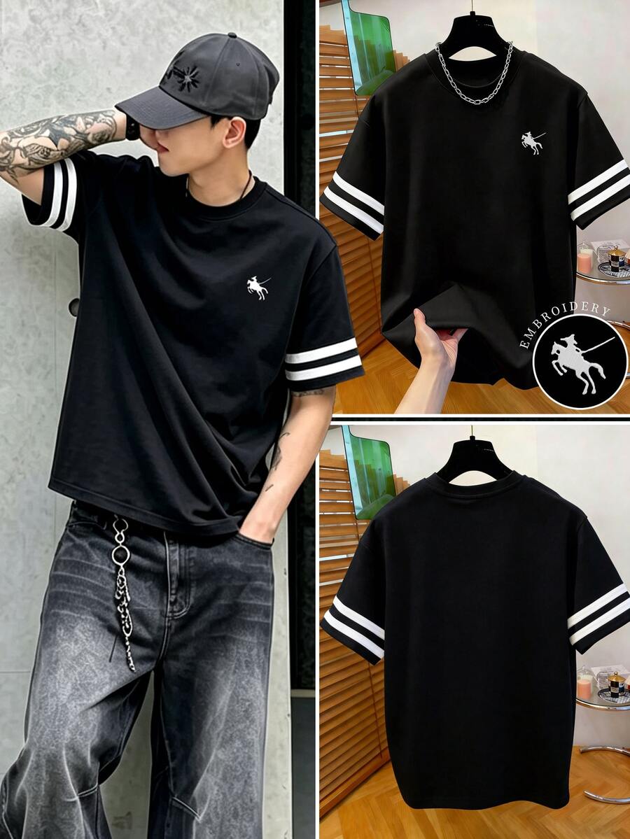 Manfinity Dauomo 男士圓領印花刺繡休閒街頭風上衣,輕量 T-Shirt,適合夏季度假,白黑條紋海灘度假風 - 白色 - 查看 1