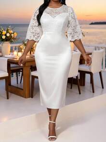 Fleurora Plus Size Round Neck Raglan Mid-Sleeve Lace Patchwork Fitted Elegant Dress White Women Wedding Cocktail Evening Guest Outfits Autumn - White - View 5
