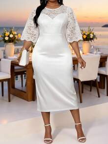 Fleurora Plus Size Round Neck Raglan Mid-Sleeve Lace Patchwork Fitted Elegant Dress White Women Wedding Cocktail Evening Guest Outfits Autumn - White - View 6