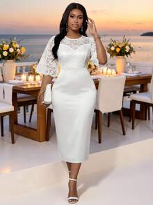 Fleurora Plus Size Round Neck Raglan Mid-Sleeve Lace Patchwork Fitted Elegant Dress White Women Wedding Cocktail Evening Guest Outfits Autumn - White - View 4