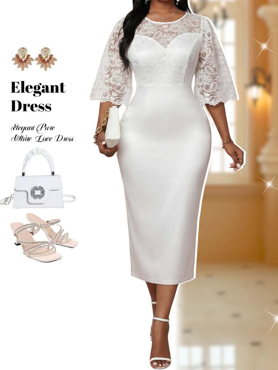 Fleurora Plus Size Round Neck Raglan Mid-Sleeve Lace Patchwork Fitted Elegant Dress White Women Wedding Cocktail Evening Guest Outfits Autumn - White - View 1