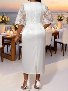 Fleurora Plus Size Round Neck Raglan Mid-Sleeve Lace Patchwork Fitted Elegant Dress White Women Wedding Cocktail Evening Guest Outfits Autumn - White - View 2