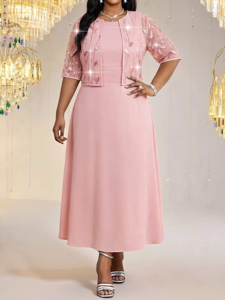 Fleurora Plus Size Women Sequin Mesh Short Sleeve Cardigan And Dress Elegant 2-Piece Set - Pink - View 4