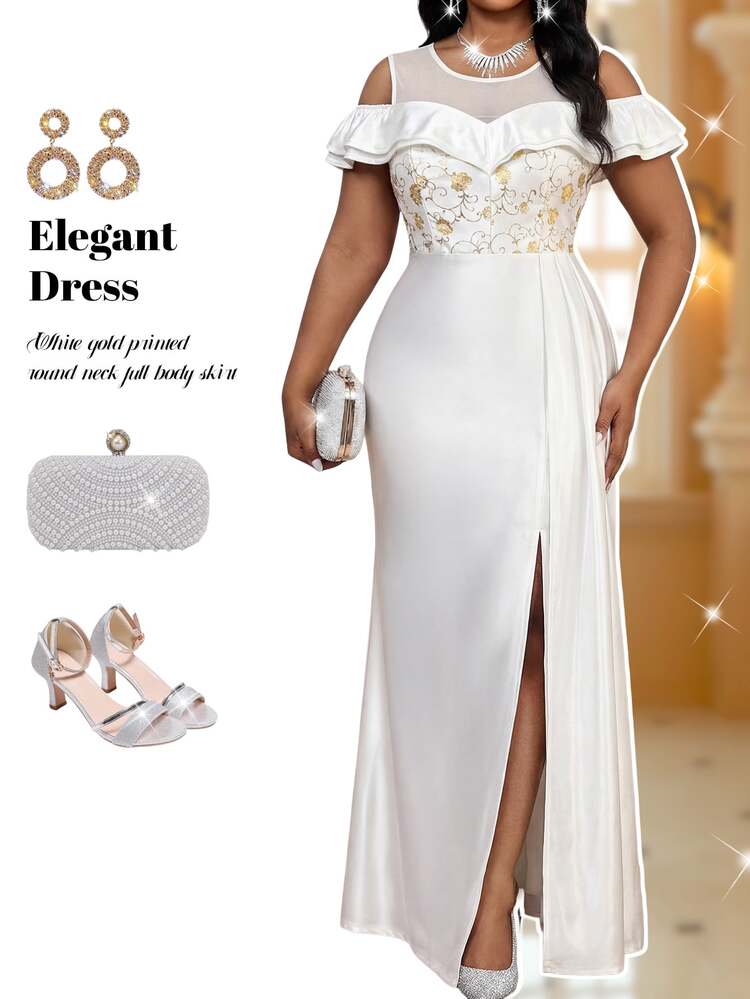 Fleurora Plus Size Women Jacquard Off-Shoulder Ruffle Hem Elegant White Dress Summer Bridal Party Wedding Guest Luxury Evening Graduation Ceremony Formal - White - View 1