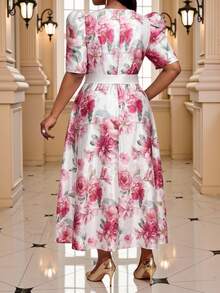 Fleurora Plus Size Floral Print Round Neck Short Sleeve Dress - Multicolor - View 2