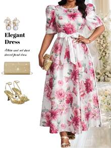 Fleurora Plus Size Floral Print Round Neck Short Sleeve Dress - Multicolor - View 1
