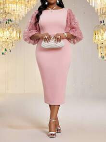 Fleurora Plus Size Women's Spring/Summer Casual Elegant Bohemian Style Pink Round Neck Knit 3D Floral Mesh Patchwork Petal Sleeve Wedding Dress - Pink - View 4