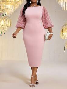 Fleurora Plus Size Women's Spring/Summer Casual Elegant Bohemian Style Pink Round Neck Knit 3D Floral Mesh Patchwork Petal Sleeve Wedding Dress - Pink - View 5