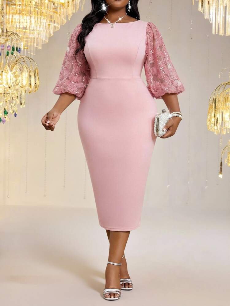 Fleurora Plus Size Women's Spring/Summer Casual Elegant Bohemian Style Pink Round Neck Knit 3D Floral Mesh Patchwork Petal Sleeve Wedding Dress - Pink - View 4