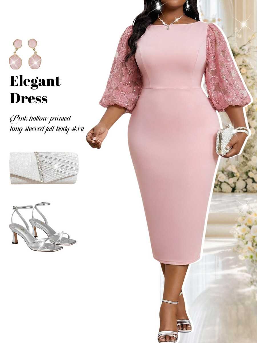 Fleurora Plus Size Women's Spring/Summer Casual Elegant Bohemian Style Pink Round Neck Knit 3D Floral Mesh Patchwork Petal Sleeve Wedding Dress
