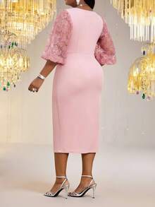 Fleurora Plus Size Women's Spring/Summer Casual Elegant Bohemian Style Pink Round Neck Knit 3D Floral Mesh Patchwork Petal Sleeve Wedding Dress - Pink - View 3