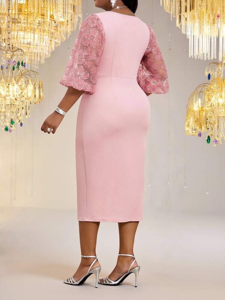 Fleurora Plus Size Women's Spring/Summer Casual Elegant Bohemian Style Pink Round Neck Knit 3D Floral Mesh Patchwork Petal Sleeve Wedding Dress - Pink - View 2