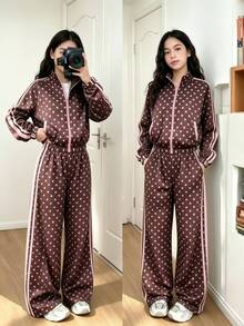 SHEIN 大女孩兩件式時尚休閒黑色立領夾克與長褲套裝 - 彩色 - 查看 1