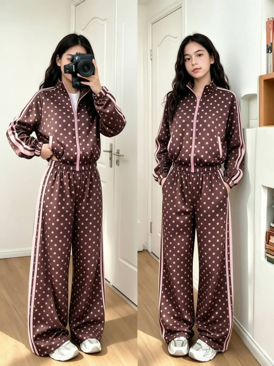 SHEIN 大女孩兩件式時尚休閒黑色立領夾克與長褲套裝 - 彩色 - 查看 1