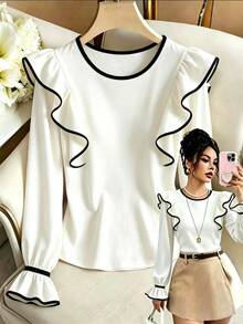 SHEIN Franclia Women's Street Style Korean Ruffle Trim Contrast Color Round Neck Blouse - White - View 4