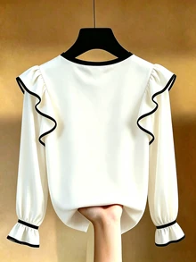 SHEIN Franclia Women's Street Style Korean Ruffle Trim Contrast Color Round Neck Blouse - White - View 2