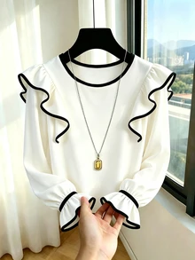 SHEIN Franclia Women's Street Style Korean Ruffle Trim Contrast Color Round Neck Blouse - White - View 3